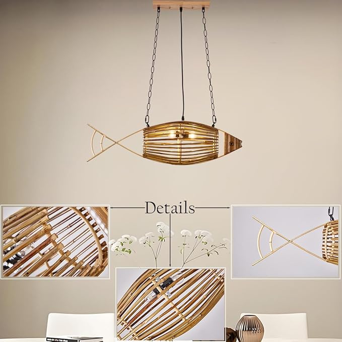 Rustic Fish Pendant Light,Hand-Woven Bamboo Hanging Lamp,Adjustable Kitchen Hanging Light,Boho Style Pendant Lamp for Living Room Bedroom
