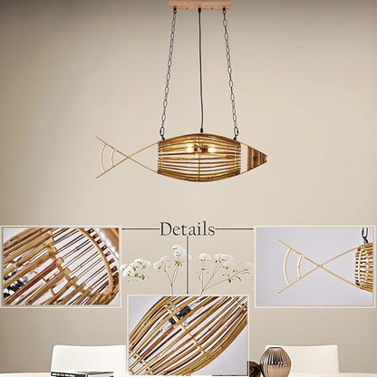 Rustic Fish Pendant Light,Hand-Woven Bamboo Hanging Lamp,Adjustable Kitchen Hanging Light,Boho Style Pendant Lamp for Living Room Bedroom