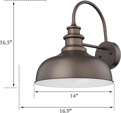 Bestshared Gooseneck Barn Light 14 Inch Dome Farmhouse Wall Sconce, Outside Wall Mount Light, Exterior Lighting Fixture, Front Door Porch Lantern Lamp for Entryway, Patio (ORB+White, 14” Dome-2Pack)