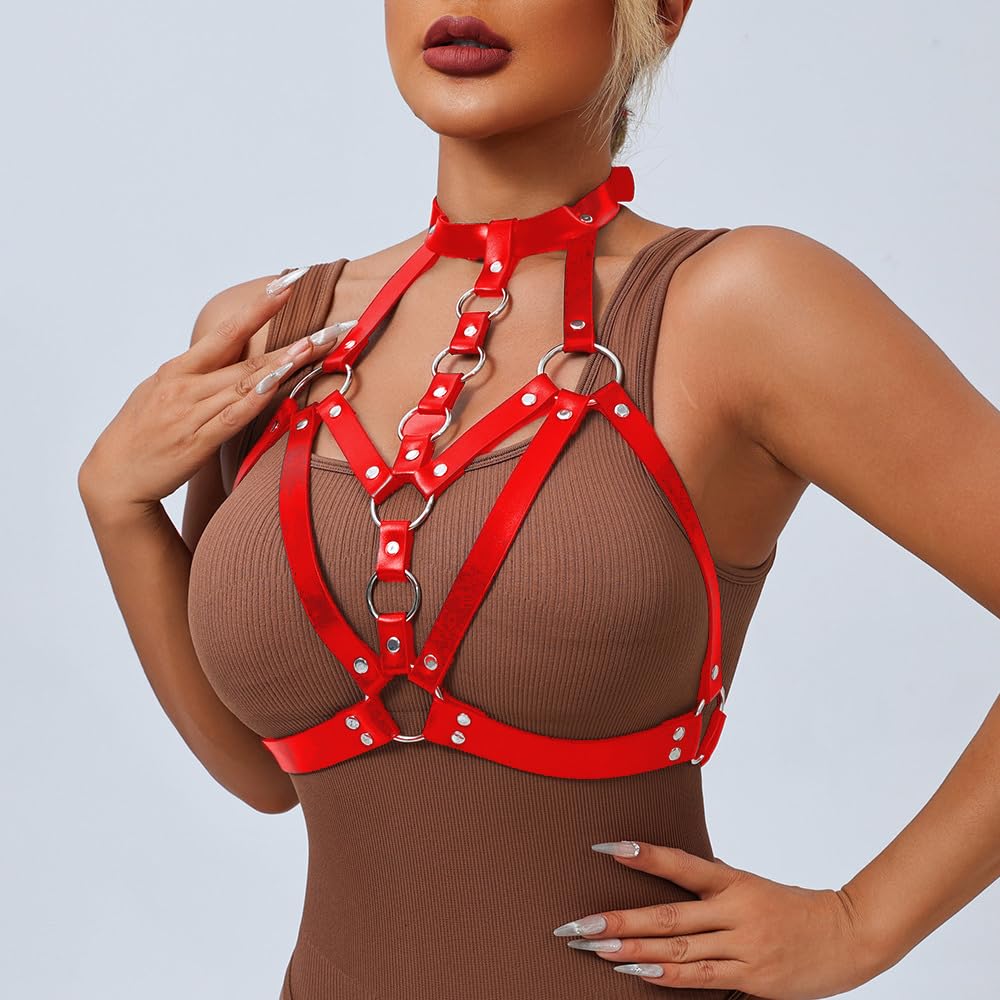 Punk Burgundy Red Leather Chest Harness for Women, Adjustable Strap Body Harness Belt Goth Lingerie Decorative Strap, Club Party Caged Bra Harness,Body Chains Rave Accessories and Gift