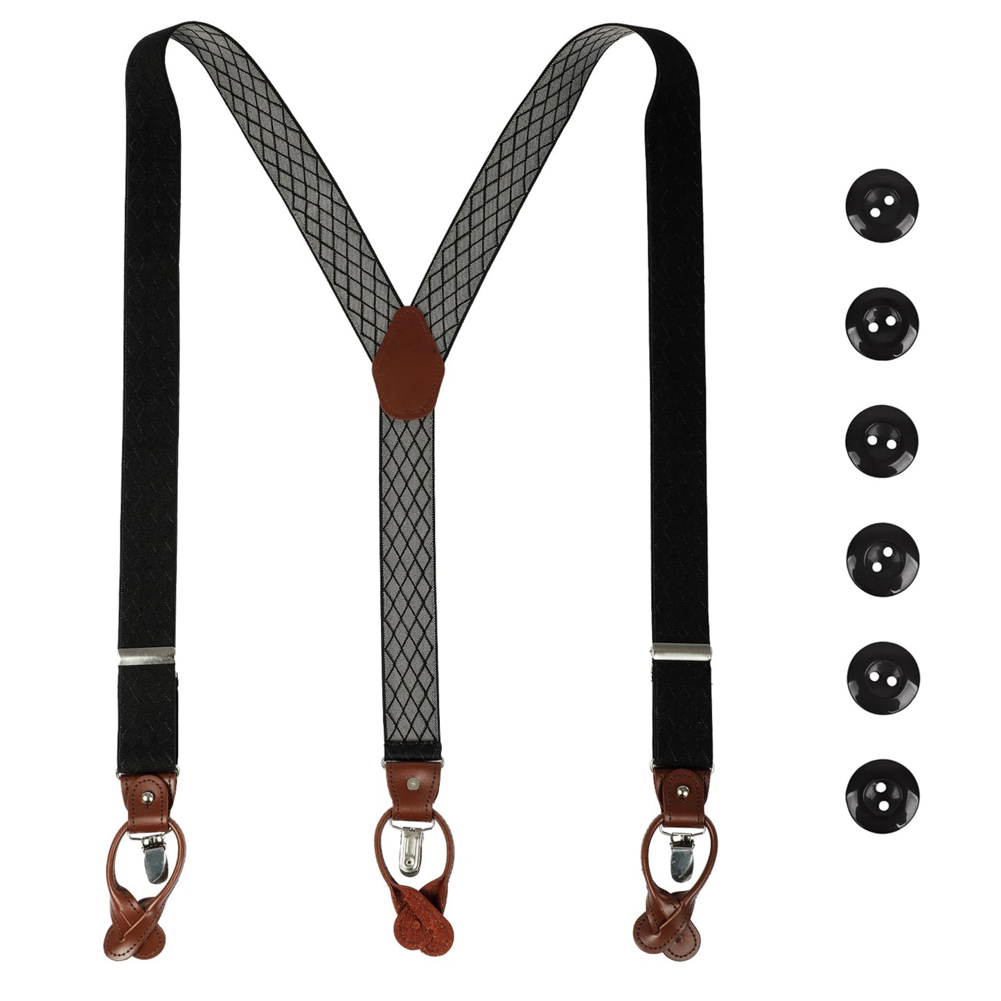LEHOMU Men Suspenders Adjustable,1.4 Inch Wide Heavy Duty Y-Back Elastic Tuxedo Elastic Mens Suspenders with Leather Buttons and 3 Metal Clips,Black and Grey Stripe