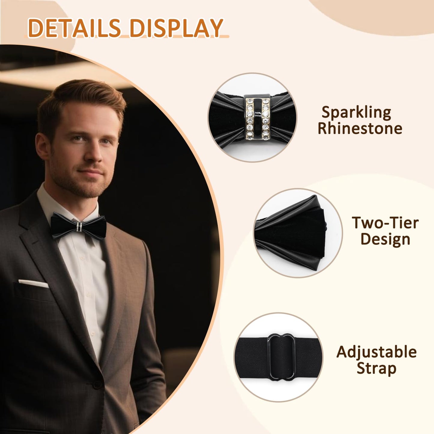 Rzmtaol PU Leather Bowties Men, Pre-tied Bow Ties for Men with Rhinestone Velvet Mens Bow Tie for Wedding Party Tuxedo Daily (Black)