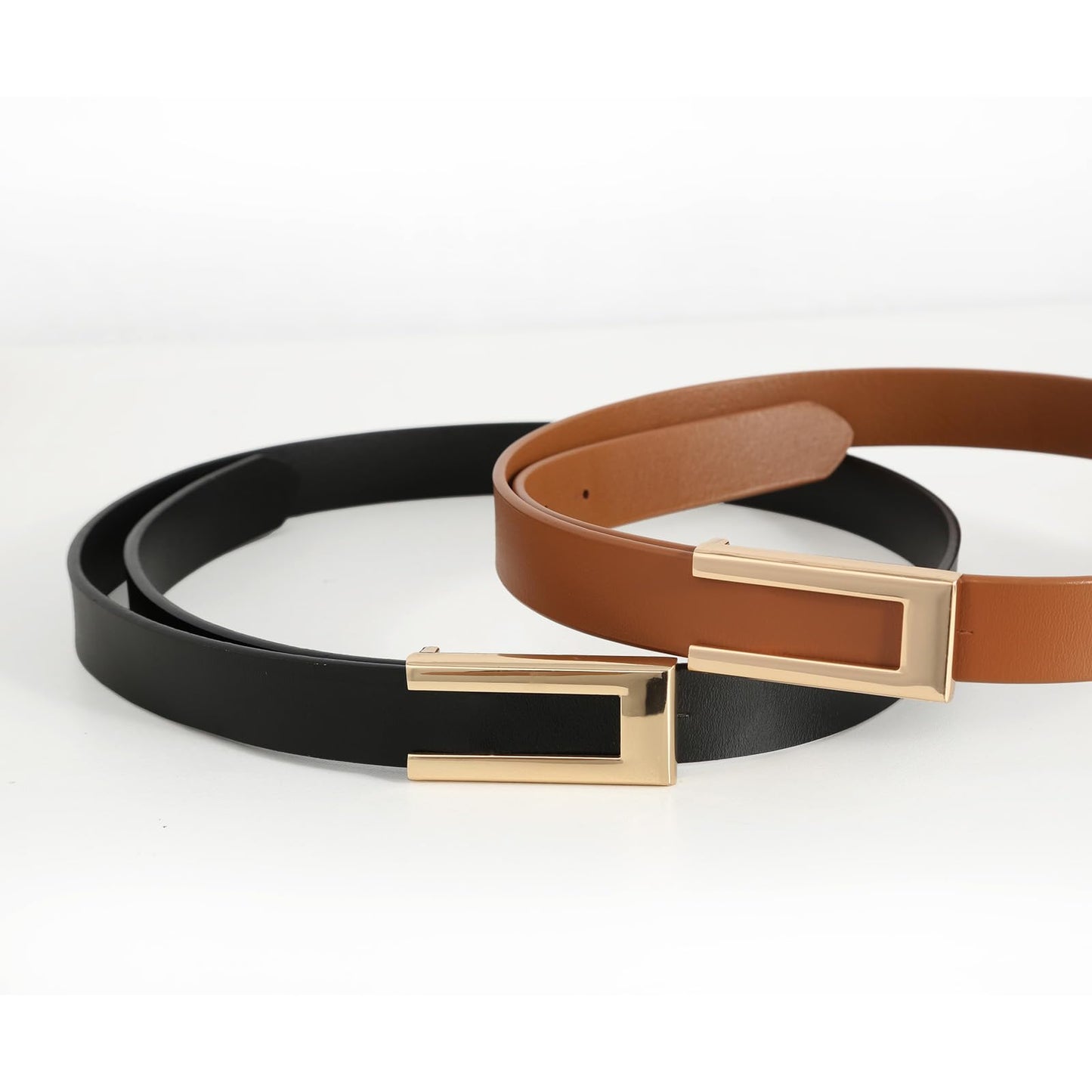 YooAi Womens Leather Belt Skinny Waist Belt for Dresses Jeans Pants with Gold Buckle Black+Brown 105