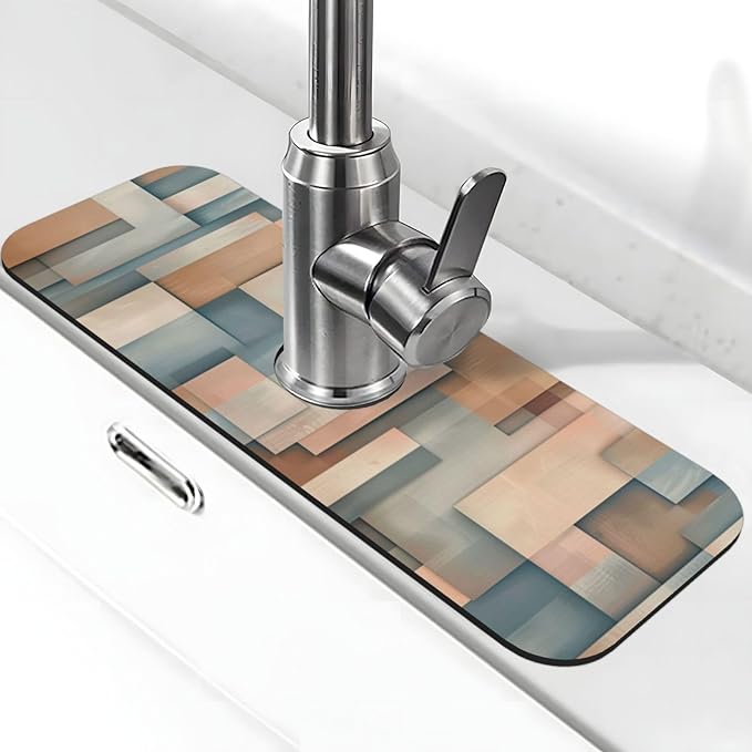 Faucet Draining Mat For Kitchen Sink, Geometric Shapes Brown Beige Diatom Mud