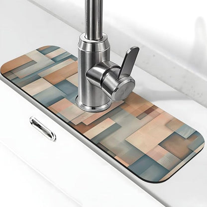 Faucet Draining Mat For Kitchen Sink, Geometric Shapes Brown Beige Diatom Mud