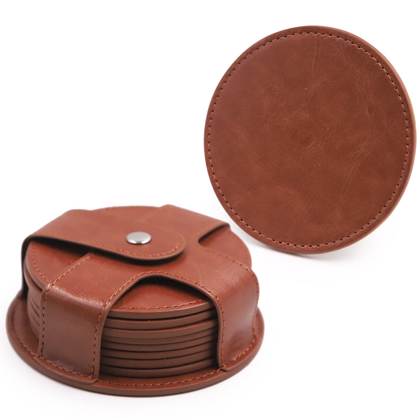 TOSSOW PU Leather Coaster 8 Pcs with Holder, Durable and Non-Slip Coaster for Protection Tabletop, Wooden Table, Desk, Bar, Coasters Fit All Cups (Brown)