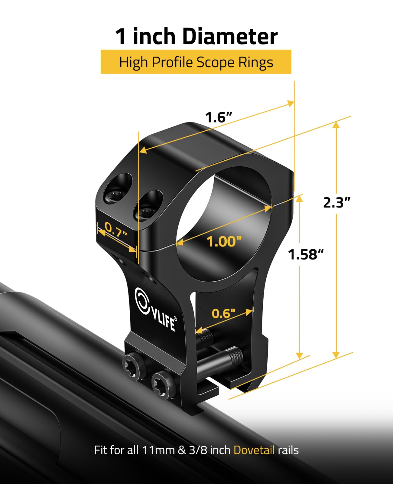 CVLIFE 1 inch Dovetail Scope Rings Mount for 3/8 inch or 11mm Dovetail Rails - High Profile 1" Rifle Scope Mount with See Through Base - 2 Pieces