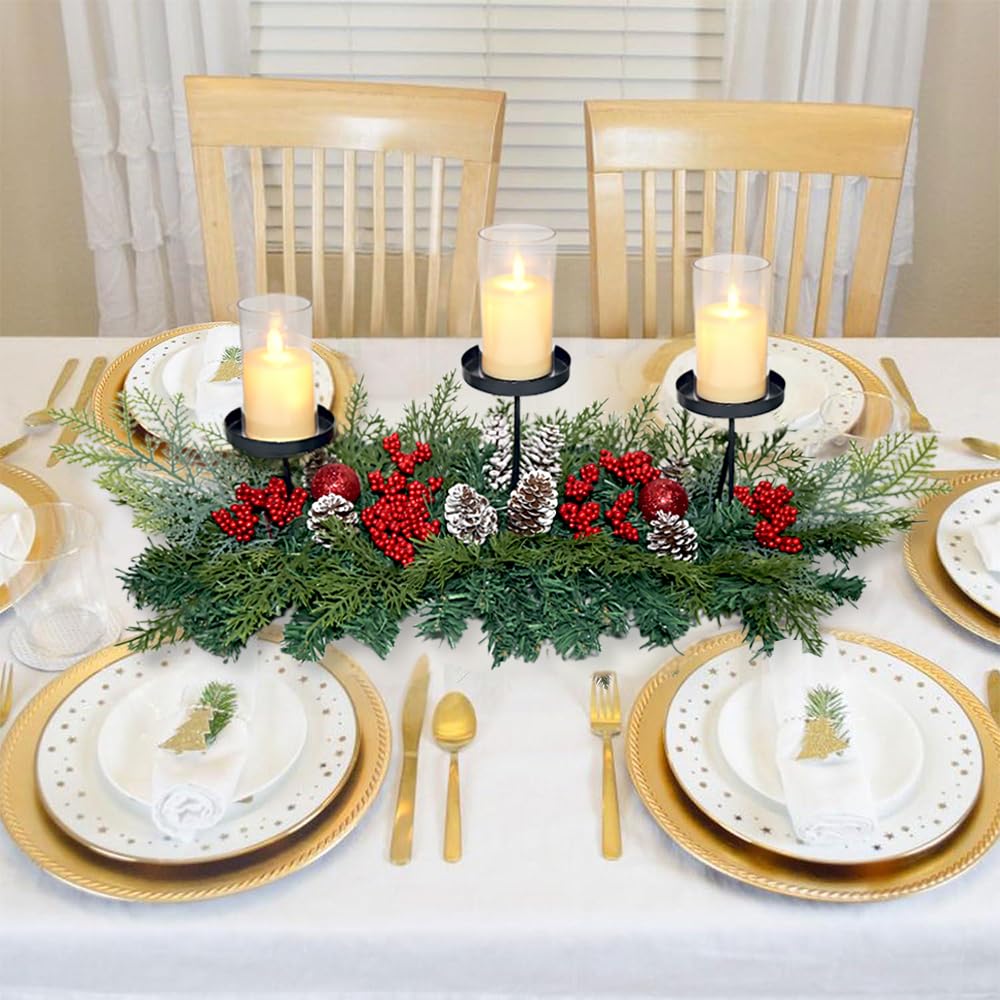 27.6" Christmas Table Centerpiece with Lighs Christmas Candle Holders with 3 Trays Red Berries Balls Pine Cones Xmas Pine Garland Lights Decoration for Centerpiece Table Mantel Holiday Home Decor