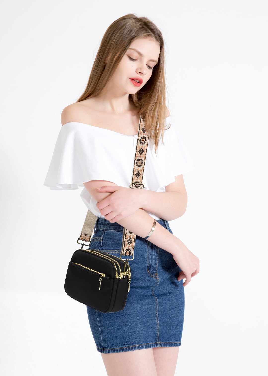 LVYOUME Purse Strap Adjustable Replacement BeltsBrushed Brass Hardware Retro Jacquard Embroidery Wide Bag Straps for Canvas Crossbody Purses Messenger Bags Shoulder Handbags