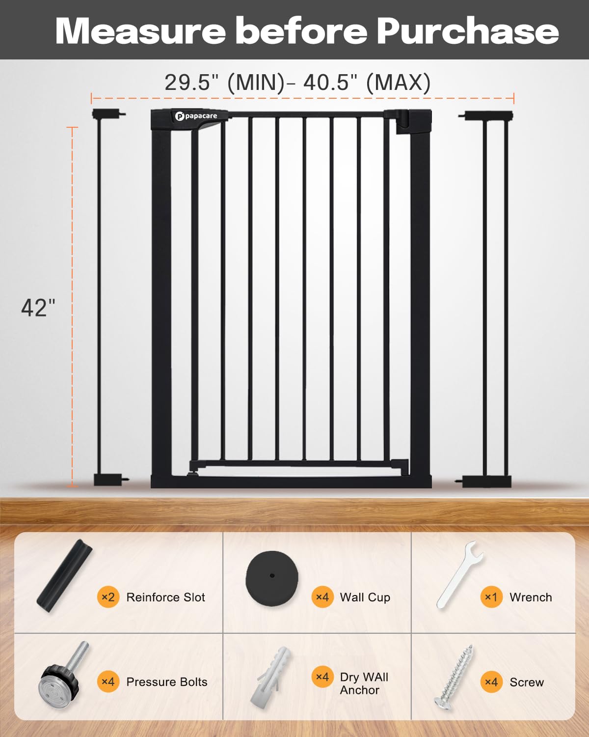 Papacare 42" Extra Tall Baby Gate for Stairs Doorways, Fits Openings of 29.5" to 40.5" Wide, Auto Close Extra Wide Baby and Pet Gate for Doorways and Stairways,Pressure Mounted Dog Gates, Black