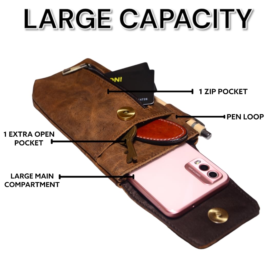 Leather Phone Holster – Genuine Full-Grain Buffalo Leather Cell Phone Holsters Holster for Large Smartphones Belt Holder - 7”H x 3.5" W