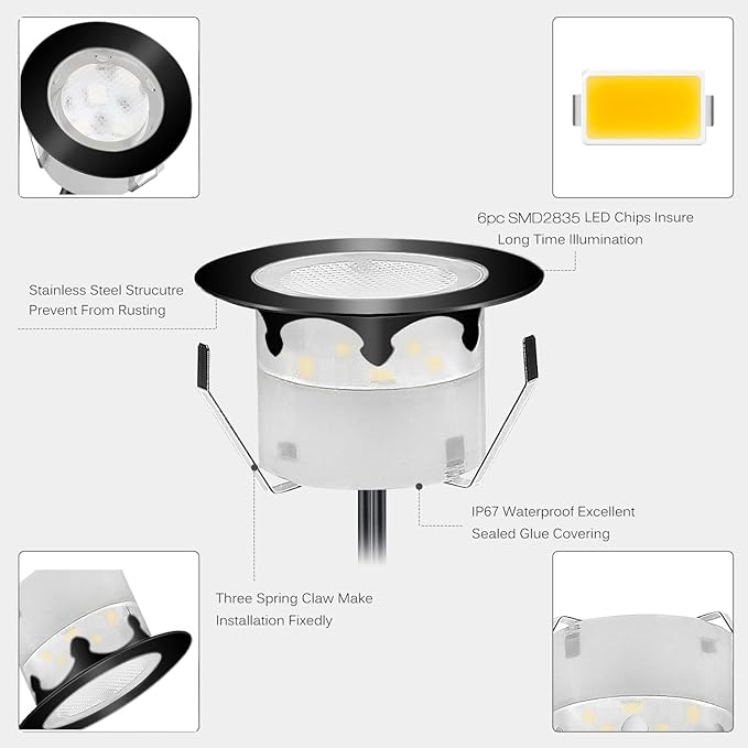 1 Pack Led Deck Lights Outdoor Waterproof Low Voltage Stainless Steel 1W Outdoor Yard Garden Decoration Lamps Landscape Pathway Patio Step Stairs LED In-ground Lights(Black Border,Warm White)