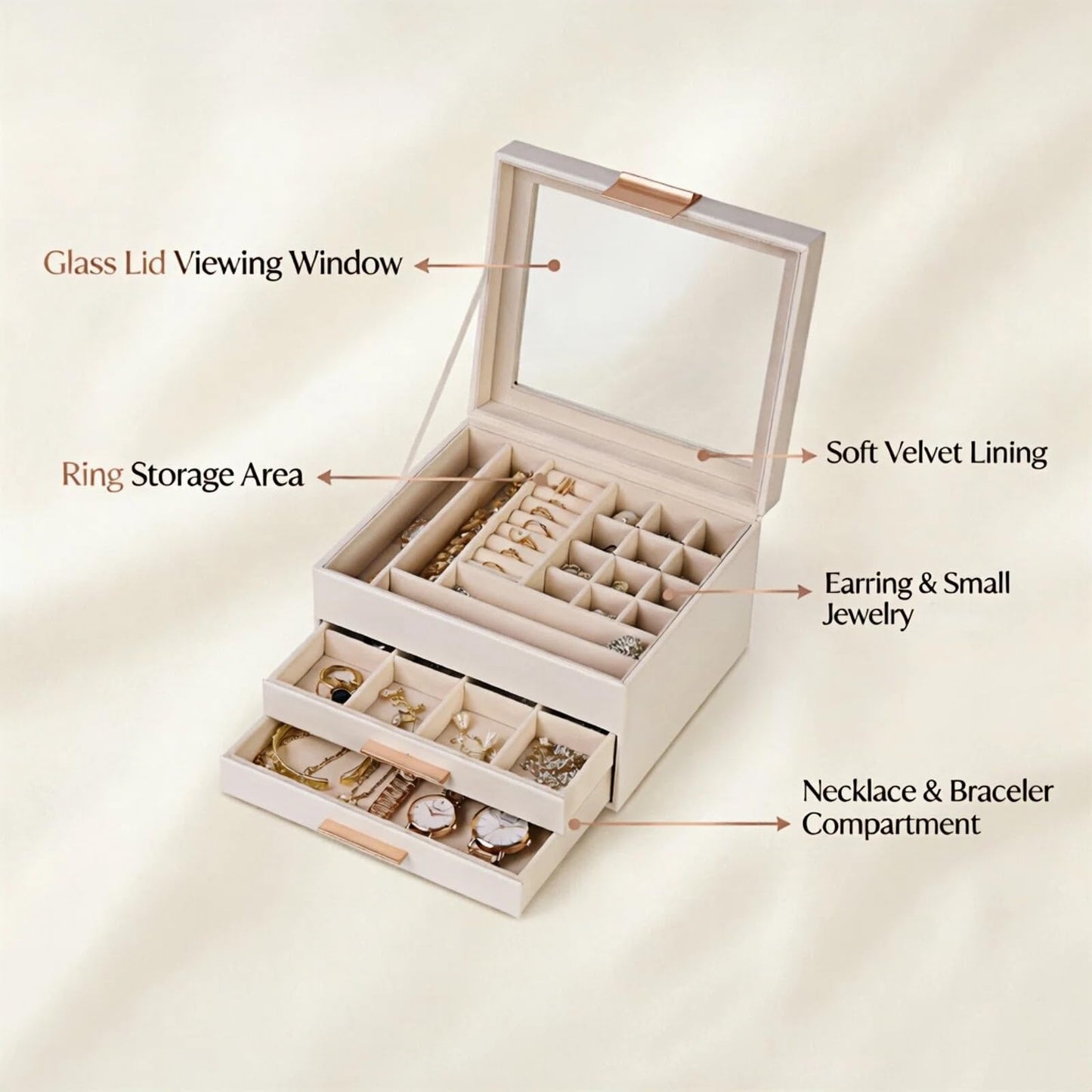 Vandozis Jewelry Box Organizer with Glass Lid, 3-Layer with Double Drawers, Luxury Velvet Lined Desktop Display Case for Earrings Rings Necklaces, Gift for Women Girls (White)