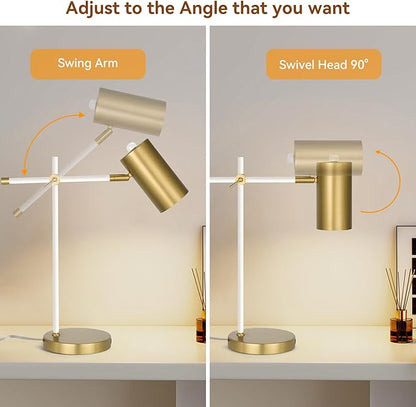 Modern White and Gold Desk Lamp, Minimalist Industrial Table Lamp with Swing Arm, for Study Room Home Office Bedroom Bedside Nightstand