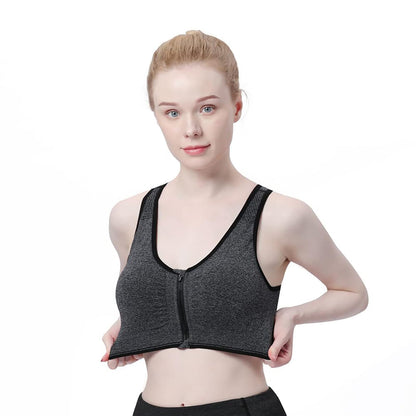 Women's Zip Front Sports Bra Wireless Post-Surgery Bra Workout Sports Bras