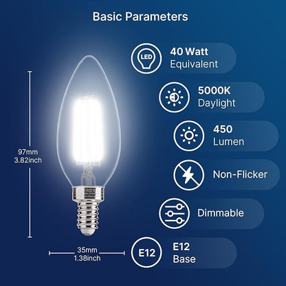 FLSNT 48 Pack Dimmable LED Candelabra Bulbs, 40W Equivalent LED Chandelier Light Bulbs, E12 Base, 5000K Daylight UL,CA65 Listed.