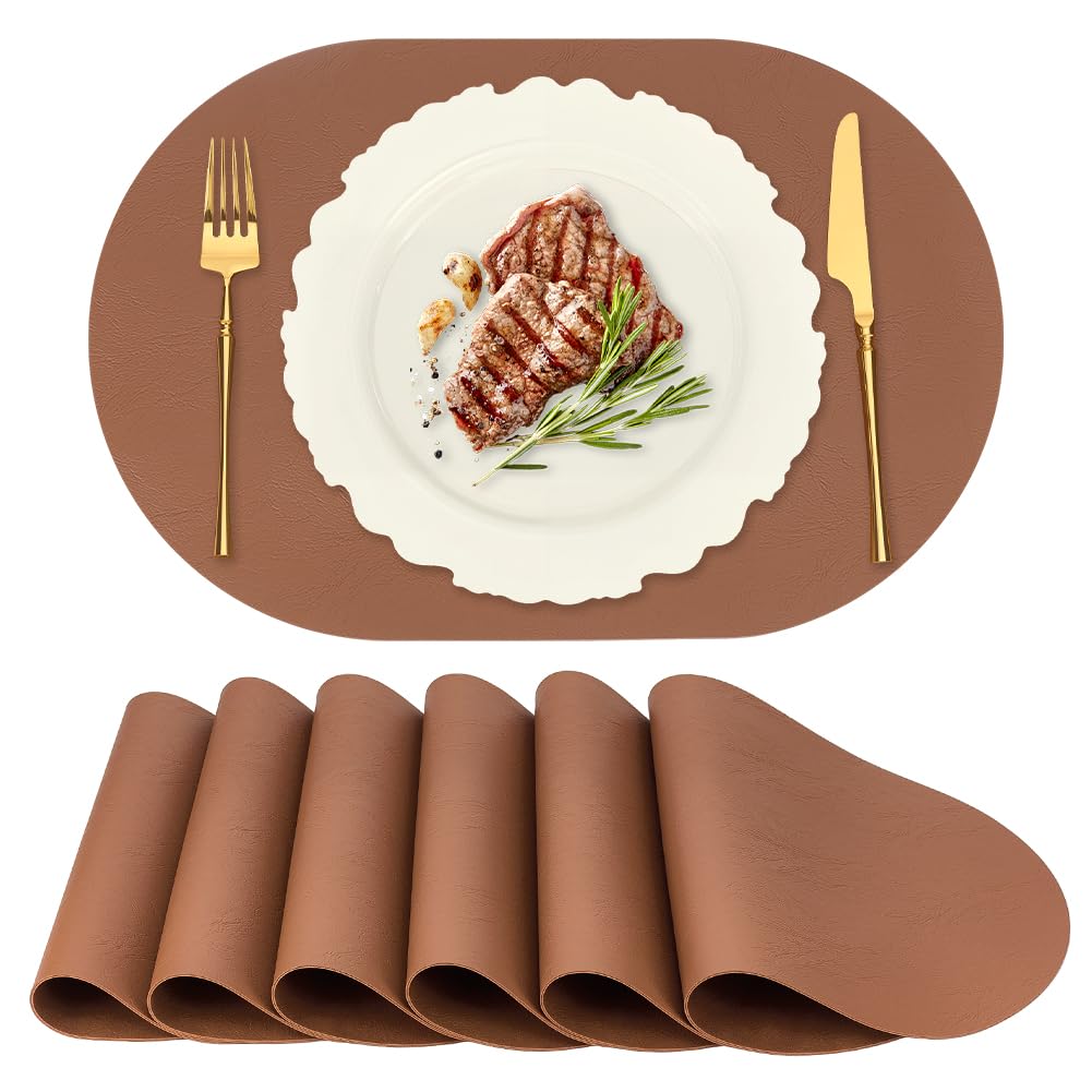 INTERWARM 10Pcs Waterproof PU Table Mats, 11.8x17.5Inch Oval Reversible Placemat Wipeable Washable Place Mats Faux Leather Placemats for Kitchen Dining Room Patio Indoor Outdoor, Peru