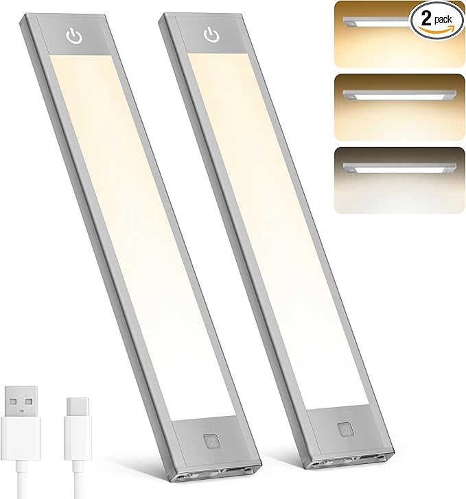 Rechargeable Under Cabinet Lighting, Motion Sensor Wireless Night Light, Dimmable CCT Adjustable, Magnetic Mount for Kitchen, Closet, Bedroom, Reading, Ambience (Grey, 2 Pack, 9 in)