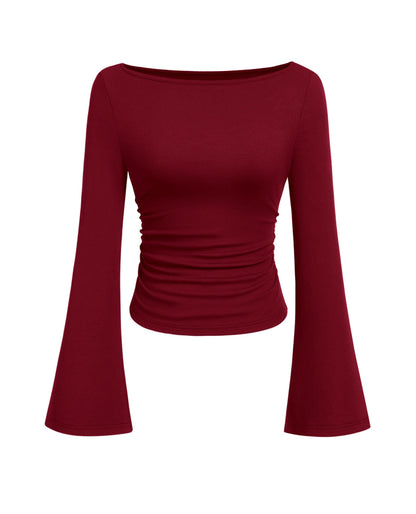 PRETTYGARDEN Women's Long Sleeve Shirts 2025 Fall Crop Going Out Tops Casual Boat Neck Bell Sleeve Ribbed Ruched Y2K Clothes