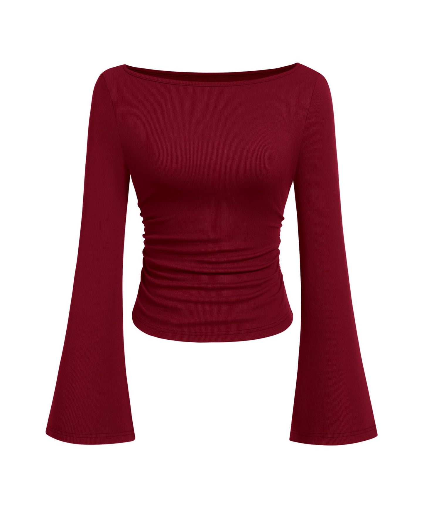 PRETTYGARDEN Women's Long Sleeve Shirts 2025 Fall Crop Going Out Tops Casual Boat Neck Bell Sleeve Ribbed Ruched Y2K Clothes