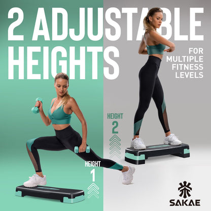 Aerobic Stepper Set with Dumbbells & Measuring Tape, Adjustable Height 2 Level Risers Workout Exercise Step Platform, Green Black, the Ultimate Gift for a Joyful Holiday and Merry Christmas