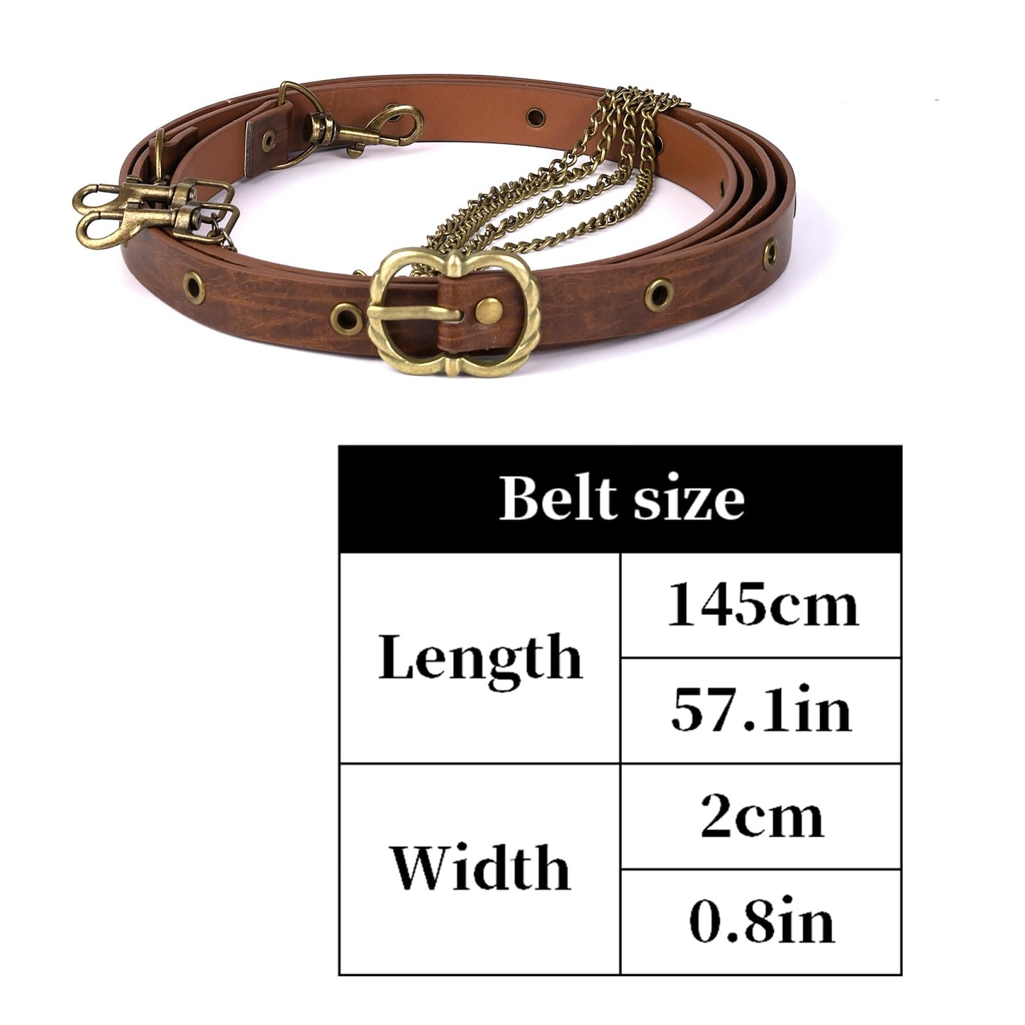 HiiFeuer Medieval DIY Faux Leather Metal Chain Belt, Vintage Adjustable Thin Belt For Women, Retro Skinny Belt For Dresses (Brown B)