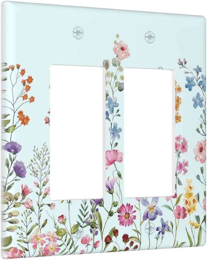 Rustic Wild Floral Vintage Blue Watercolor Flower 2 Gang Rocker Decora Light Switch Covers Decorative Unique Dual Outlet Covers Wall Plate Electrical Faceplate Switchplate GFCI for Bedroom