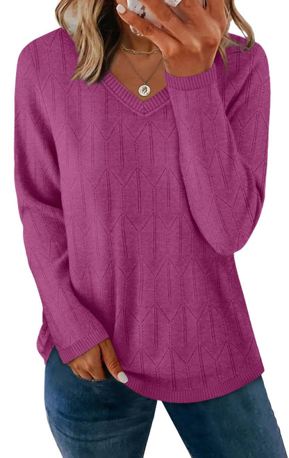 OFEEFAN Womens Sweaters Long Sleeve Shirts Fall Outfits 2025 V Neck Soft Knit Pullover Trendy Tops Dressy Casual Blouses