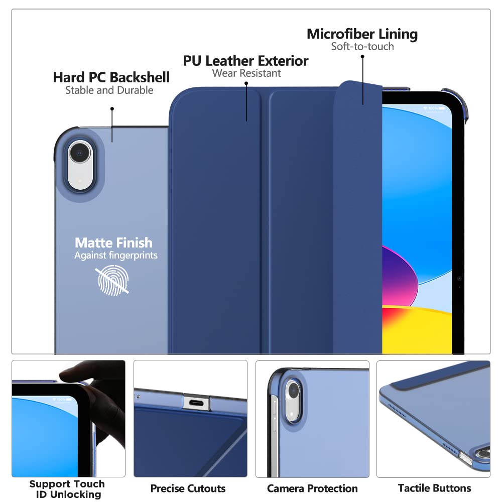 MoKo for iPad (A16) 11th Generation Case 11 Inch 2025, iPad 10th Generation Case 10.9 Inch 2022, Slim Stand Hard PC Translucent Back Shell Smart Cover, Support Touch ID, Auto Wake/Sleep, Navy Blue