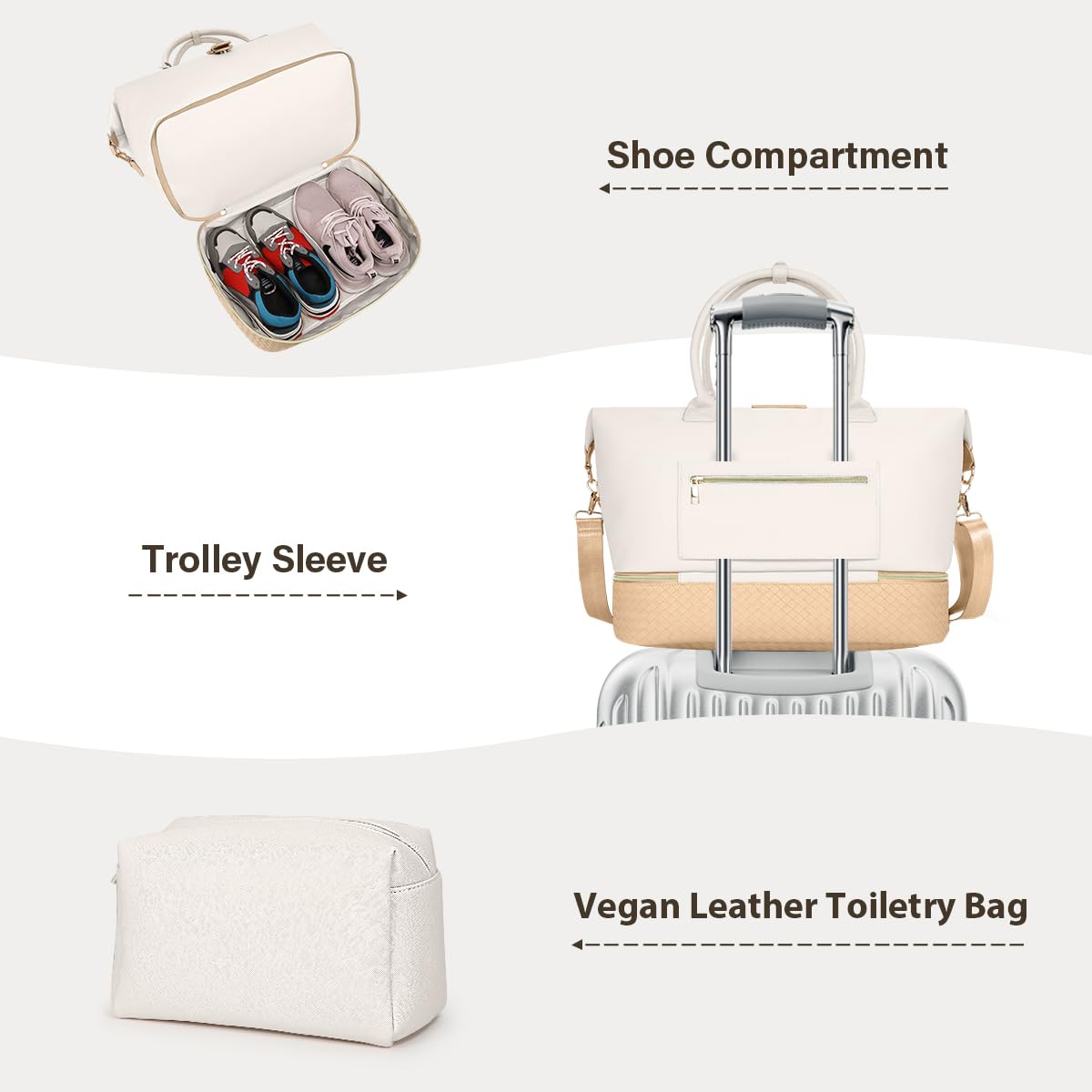 Large Leather Weekender Bags for Women, Travel Duffel Bag PU Overnight Bag Carry On Tote Bag with Shoe Compartment Wet Pocket and Toiletry Bag for Travel Business Women Men