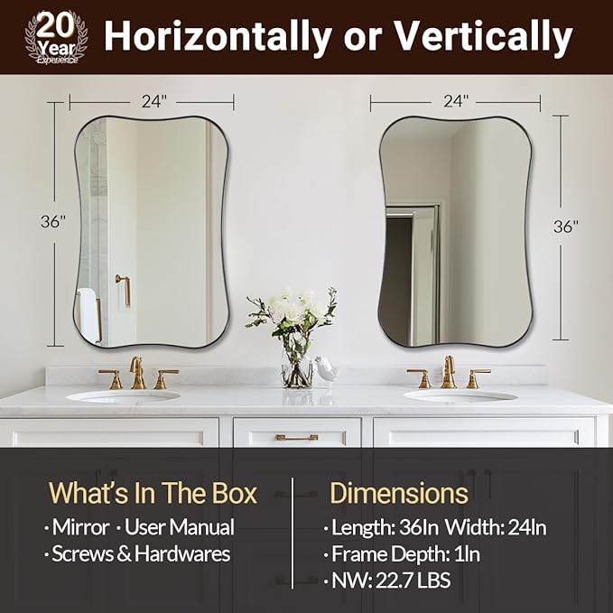ANDY STAR 24x36 Inch Brushed Nickel Bathroom Mirror, Modern Scalloped Wall Mirror with Unique Notched Edges Design in1 Inch Stainless Steel Frame Wall Mounted Horizontal/Vertical for Home Decor