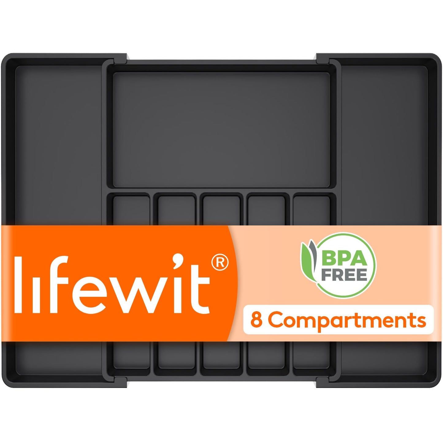 Lifewit Silverware Drawer Organizer, Expandable Utensil Tray for Kitchen, BPA Free Flatware and Cutlery Holder, Adjustable Plastic Storage for Spoons Forks Knives, 8.5"-14.1" x 12.1", Black