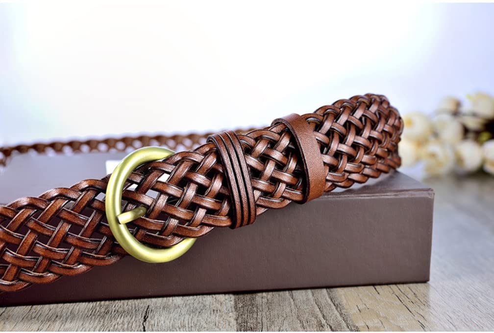 ANNULOYA Women Leather Braided Belts for Dress 1.2 Inch Hand Made Soft Girls Woven Wasitbands with Round Gold Buckle (Brown, Free Size)