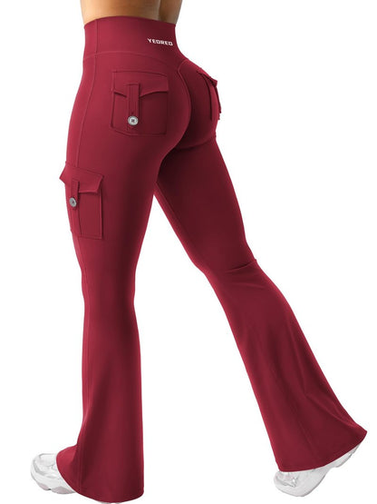 YEOREO CoreFlex Women Workout Flare Leggings with Pockets Hidden Scrunch Cargo Gym Yoga No Front Seam Leggings Wine XL