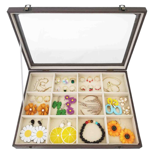 BesyPro 12 Grids Jewelry Organizer Box for Women,Vintage Leather Bracelets Storage Box with Transparent Lid,Stackable Jewelry Tray for Bangle Drawer