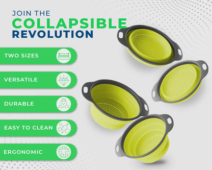Ultimate Kitchen Strainers Set of 2 - Collapsible Silicone Colanders For Easy Storage by Comfify - Use with Pasta & Veggies or as a Fruit or Berry Bowl with Strainer - Irreplaceable for Campers - Blue