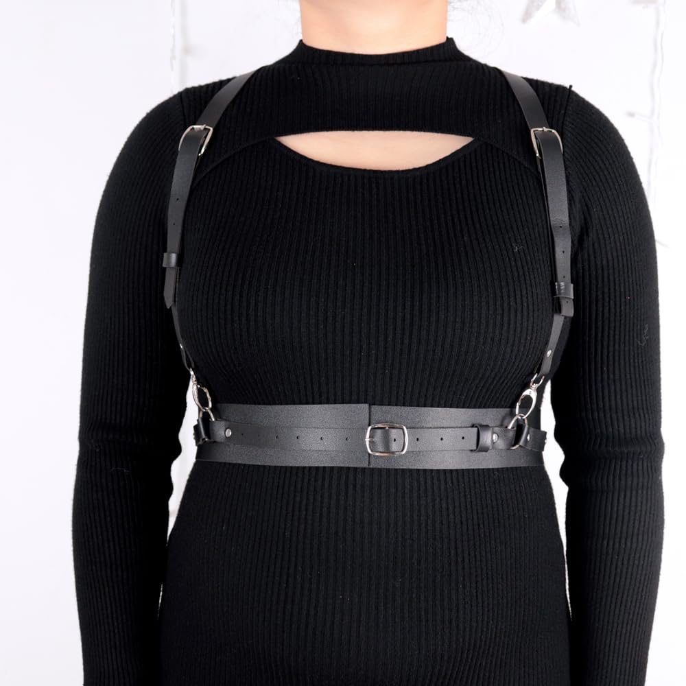 ALLOVME Leather Chest Harness Adjustable Body Harness Plus Size Waist Belt Body Chains Fashion Chest Belt Punk Gothic Rock Body Harness Women Costume Accessories for Rave, Festival, Nightclub