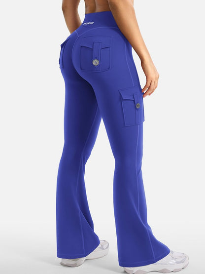 YEOREO CoreFlex Women Workout Flare Leggings with Pockets Hidden Scrunch High Waisted Cargo Gym Yoga No Front Seam Leggings 30" Inseam Dazzling Blue S