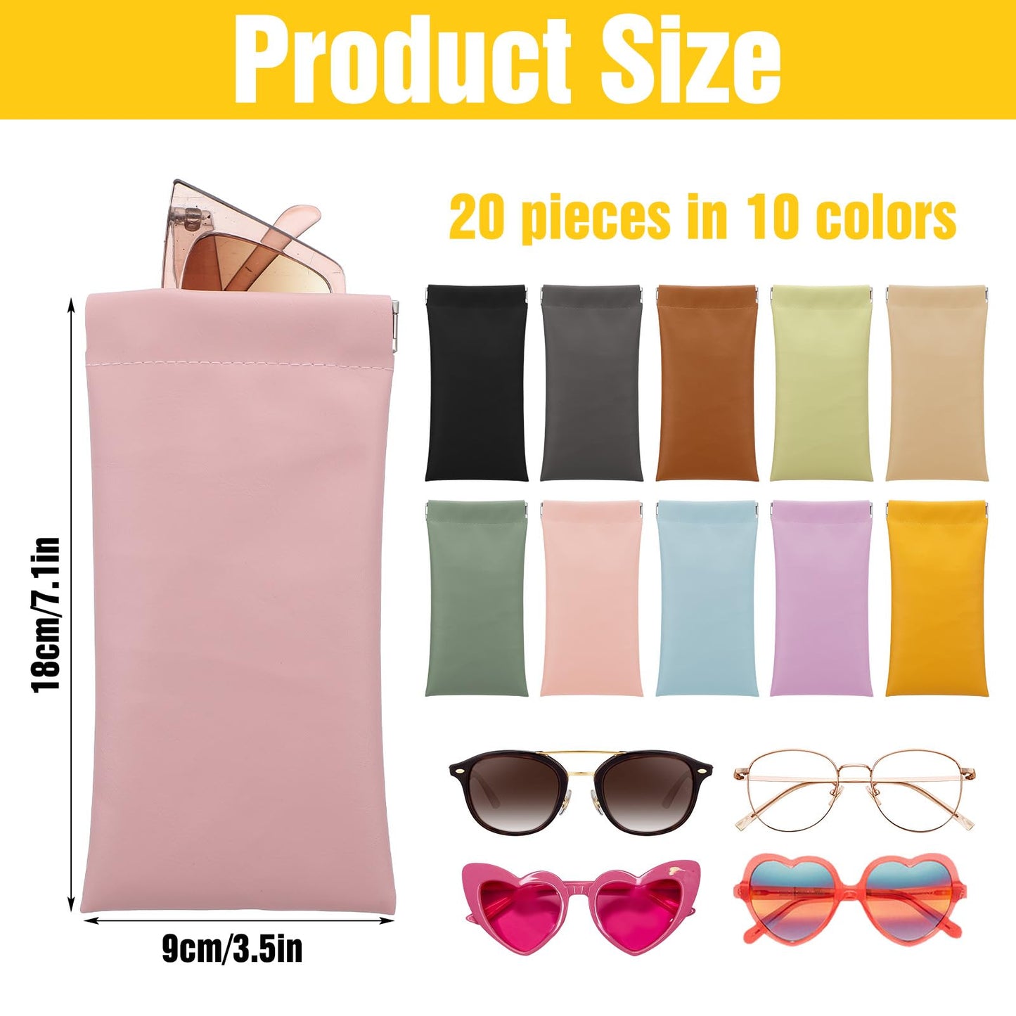 Kegeeei 20 Pack Soft Leather Sunglasses Case Pouch with Squeeze Top Closure - 10 Colors (2 Each), PU Eyeglasses Holder for Women & Men, Anti-Scratch Glasses Storage Bag