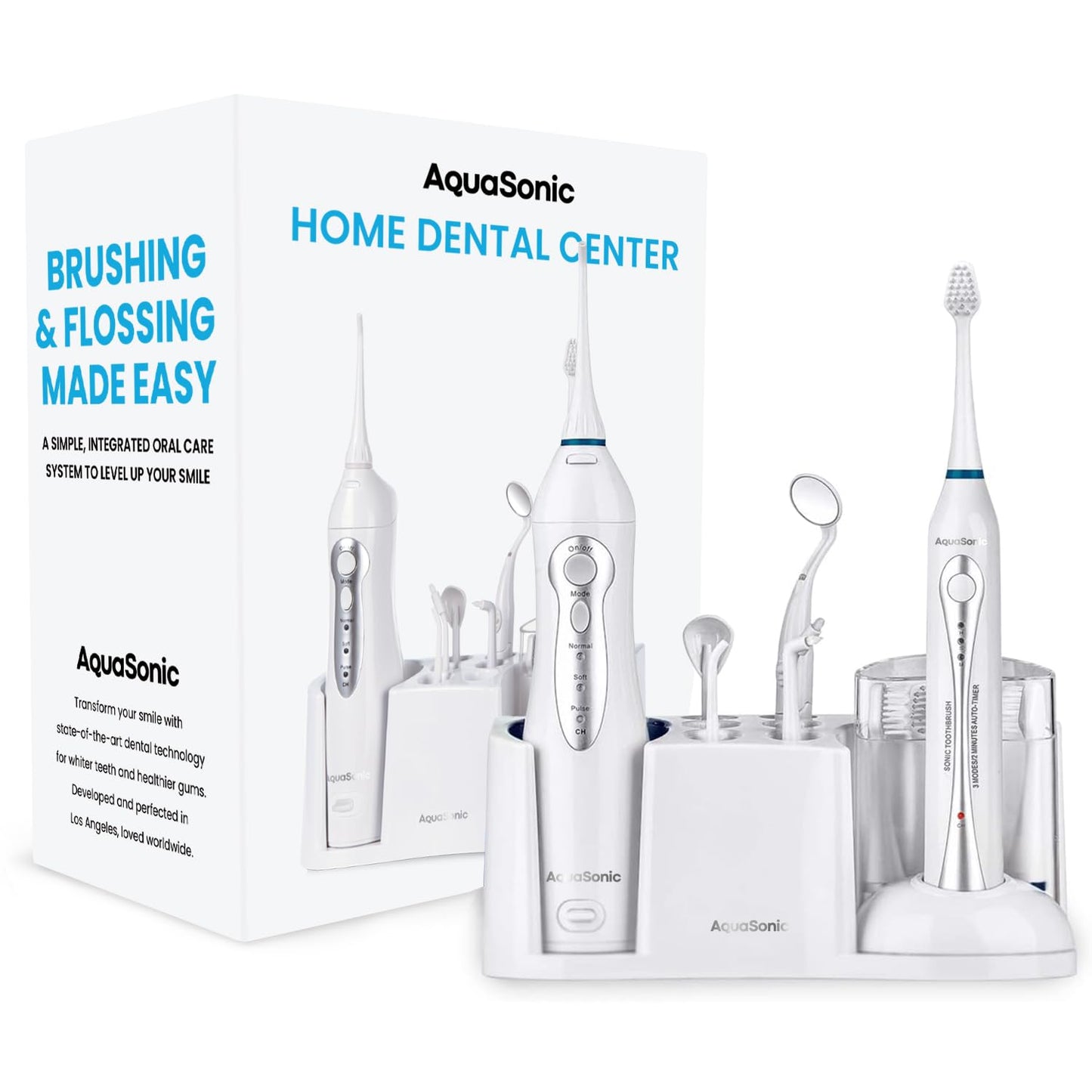 AquaSonic Home Dental Center Rechargeable Power Toothbrush & Smart Water Flosser - Complete Family Oral Care System - 10 Attachments and Tips Included - Various Modes & Timers (Black)
