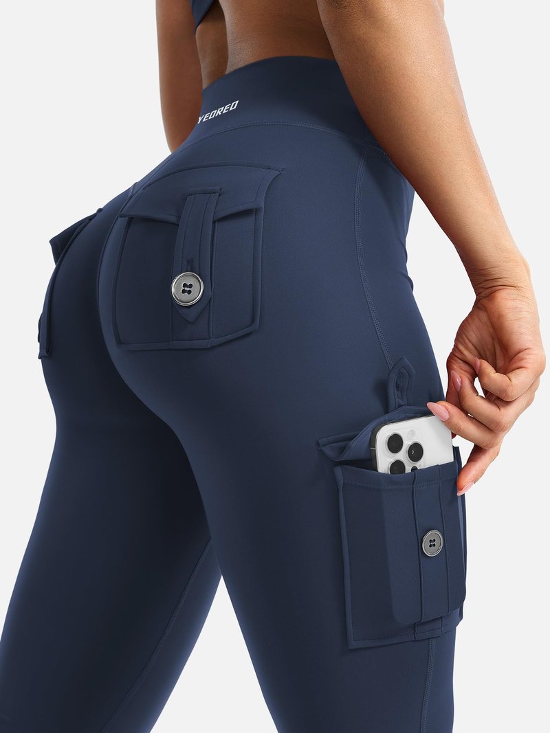 YEOREO CoreFlex Women Workout Flare Leggings with Pockets Hidden Scrunch High Waisted Cargo Gym Yoga No Front Seam Leggings Blue Navy S