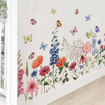 Wildflower Wall Decals Daisy Wildflower Grass Butterflies Wall Stcikers for Girls Bedroom, Living Room, Kids Room Wall Decor
