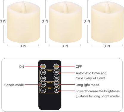 3x3 Flickering Flameless Candles Set of 3, Real Wax LED Battery Candles Flickering, 3 inch Flameless Candles with Remote,Battery Powered Candles, for Party/Wedding,Ivory