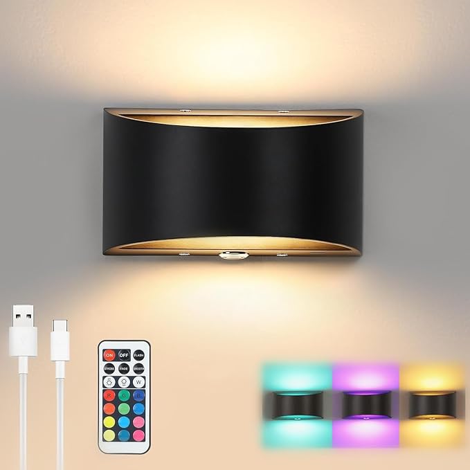 Lightess Rechargeable Wall Sconce, 13 RGB Colors Battery Operated Wall Sconces with Remote & Touch Control, Cordless Wall Lamp Black, Stick On Wall Lights for Bedroom