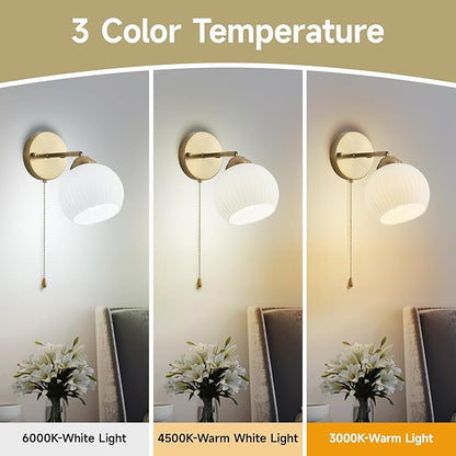 Gold Wall Sconce, mid Century Modern Sconce with Hand Pull Switch Indoor Wall Sconce for Bedroom Bedside Bathroom Kitchen Vanity Hallway Wall Mounted Light Fixture