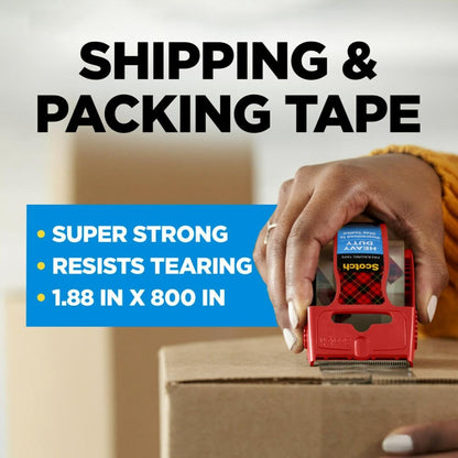Scotch Heavy Duty Shipping Packaging Tape, 6 Rolls with Dispenser, 1.88" x 22.2 yd, 1.5" Core, Great for Packing, Shipping & Moving, Clear (142-6)