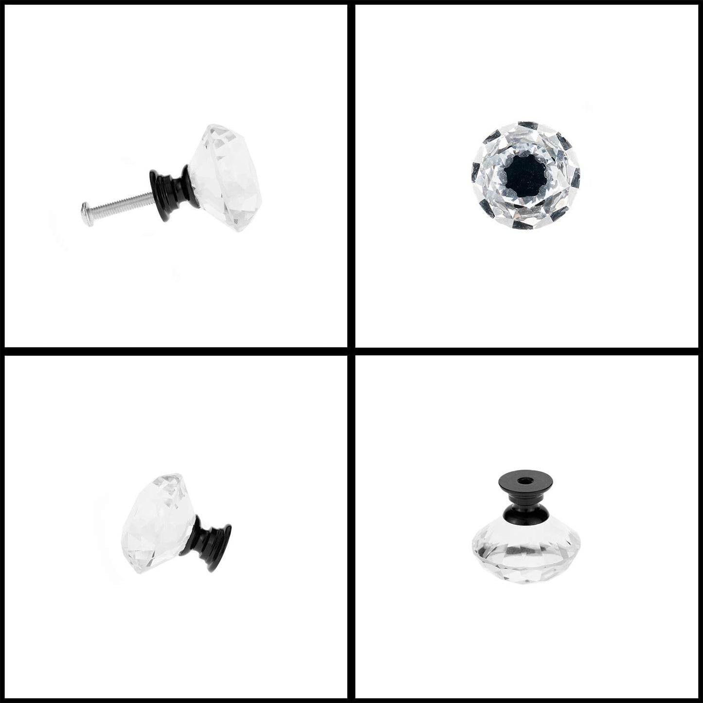YourGift 12 Pack Drawer Knobs Diamond Shaped Crystal Glass 30mm Cabinet Knobs Pull Handles (Black)