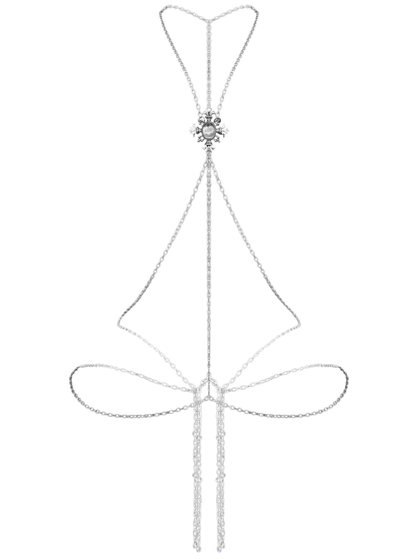 Gothic Cross Body Chain for Women – Silver Tone Adjustable Waist Body Jewelry with Clear Oval Crystal, Vintage Filigree Y-Style Harness Necklace for Festival Party Outfit