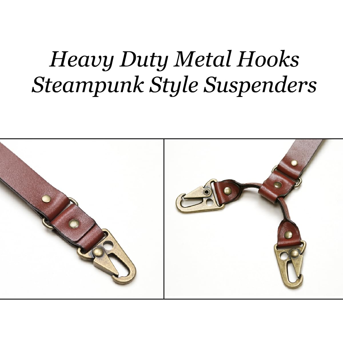 SILKSEA Leather Suspenders for Men Heavy Duty Y Back Adjustable Solid Brace Men's Big & Tall Suspenders for Dress Pants with Snap Clips Hooks, Brown