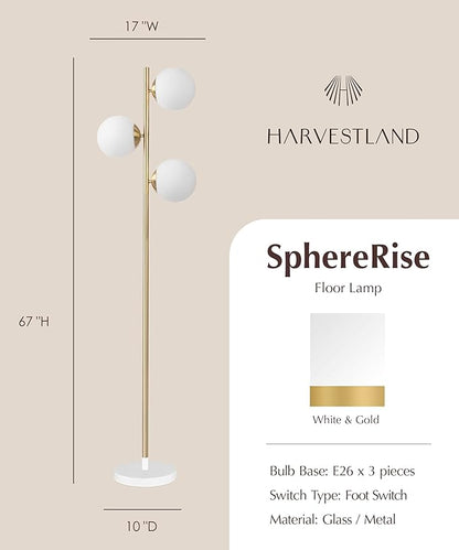HarvestLand SphereRise Brass Floor Lamp – Globe Floor lamp with Solid Base and 3 Light Glass Floor lamp, mid Century Modern Design